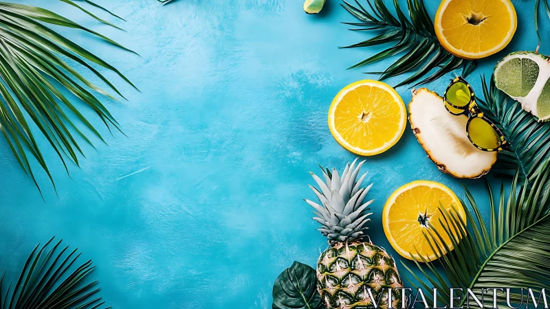Tropical fruits and palm leaves surround textured blue surface