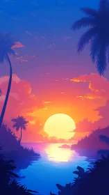 Tropical sunset lagoon with stylized palms and neon gradient sky.