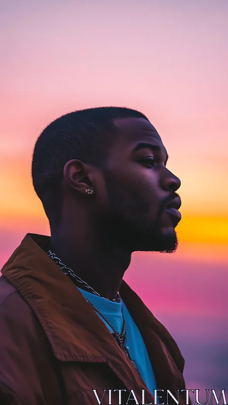 Sunset-drenched profile catches quiet thunder of thought.