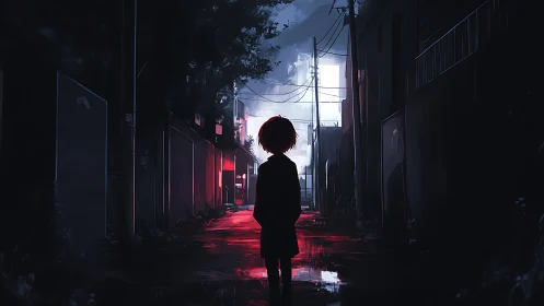 Silhouetted youth walks neon alley under electric night