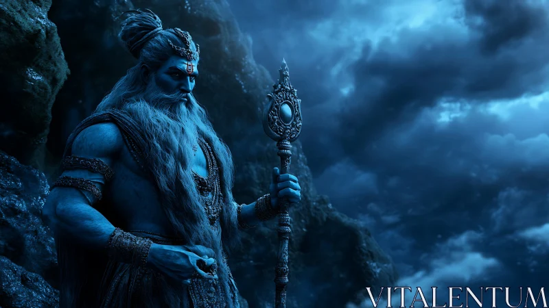 Blue mythic guardian grips ornate staff under storm clouds