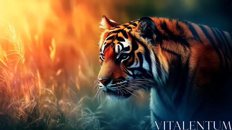High-contrast tiger portrait in golden hour grassland glow