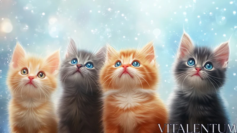 Whimsical Quartet: Four Fluffy Kittens Gazing Through Sparkle.