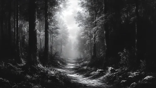 Misty Forest Path: Monochromatic Landscape Study.