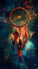 Dreamcatcher with feathers against abstract cosmic backdrop.