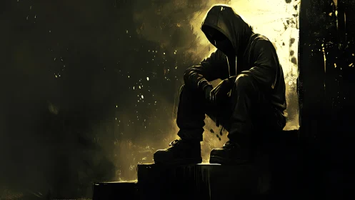 Hooded figure sits on steps against high-contrast yellow light
