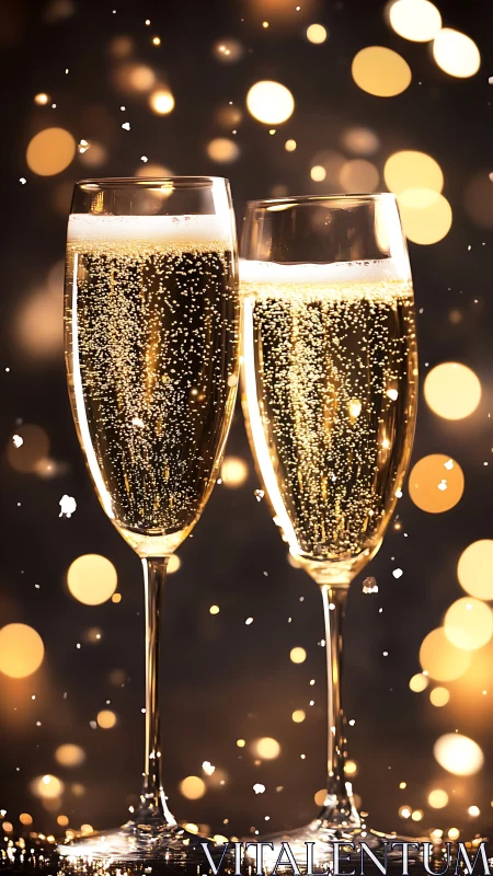 Two champagne flutes with bubbles and defocused lights.