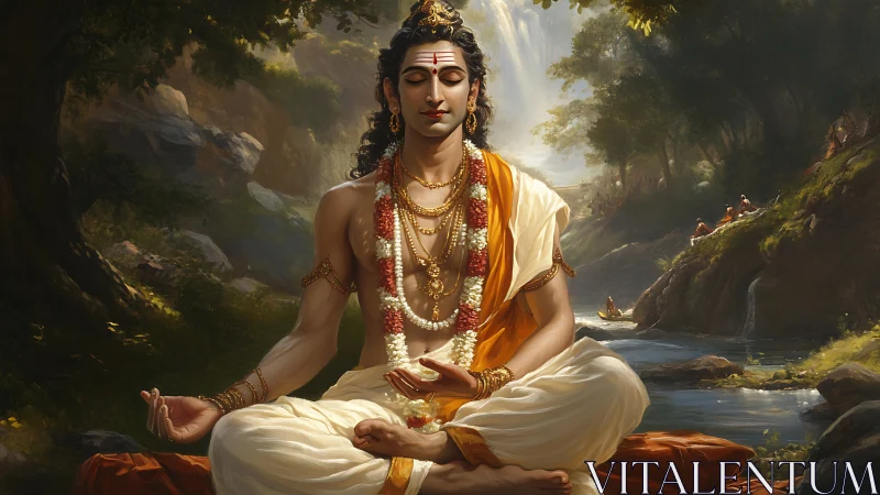 Serene yogi meditates beside sunlit forest river gorge