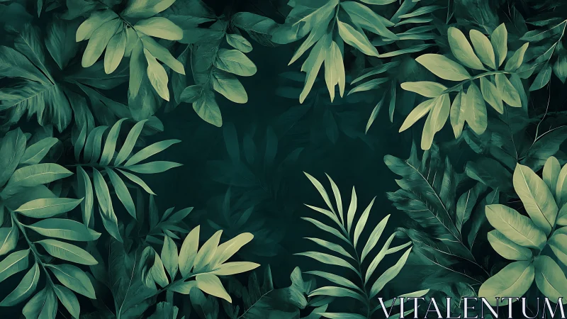 Lush tropical foliage frames a deep green negative space field