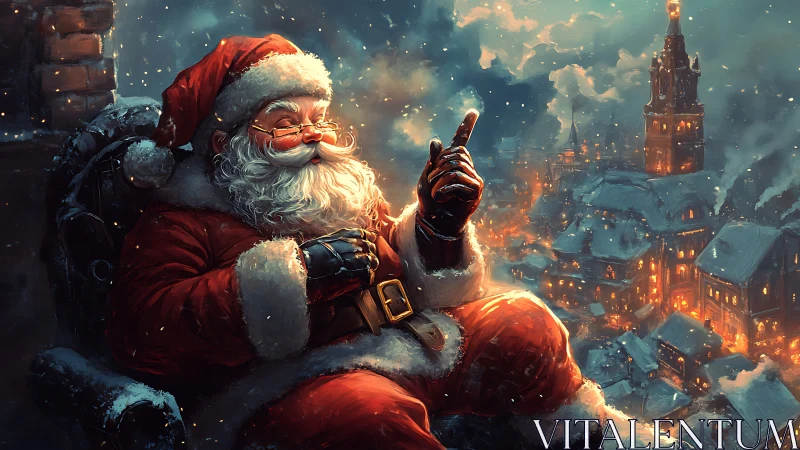 Cozy rooftop Santa over a glowing winter village night.