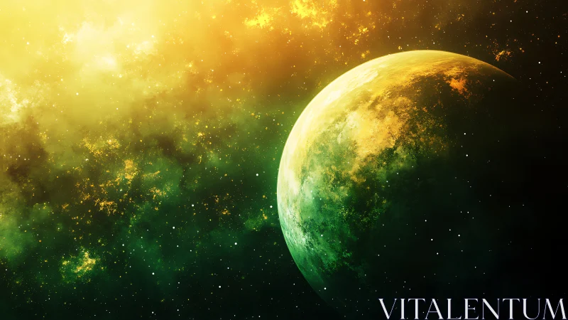 Yellow green planet in nebula-rich outer space field.