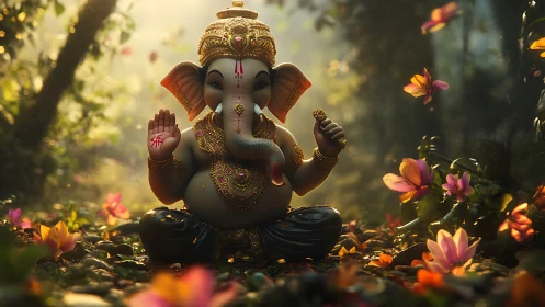 3D devotional Ganesh sculpture in luminous forest setting.