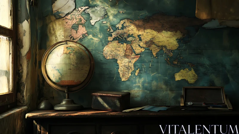 Old world map wall with globe and wooden study desk.