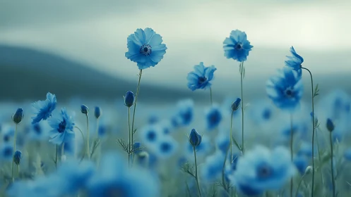 Blue cosmos flowers with selective focus and shallow depth field.