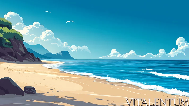 Coastal shoreline with turquoise waves and stylized cloudscape.