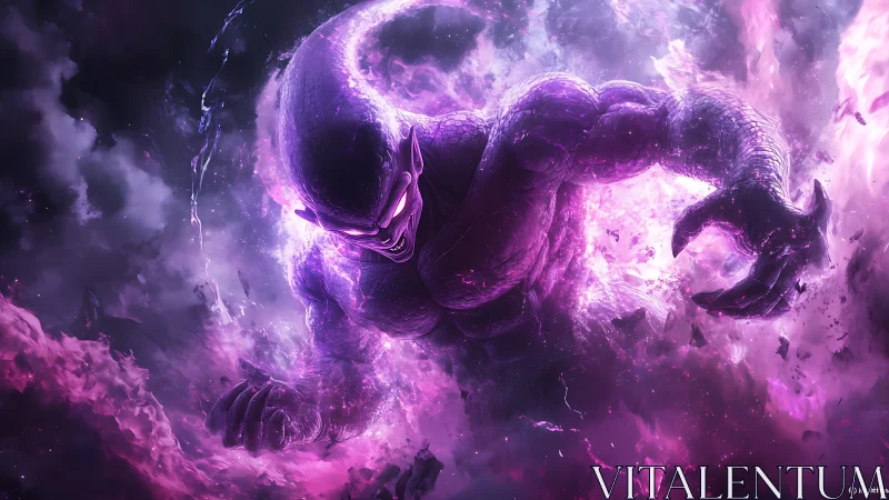 Purple muscular creature emerges from turbulent luminous clouds