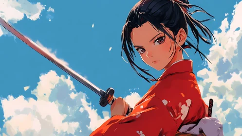 Calm samurai girl in red kimono under a wide blue sky.