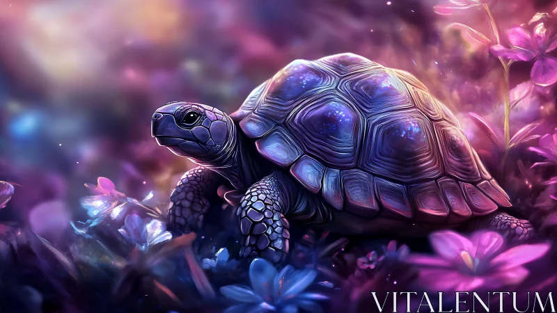 Iridescent tortoise study in luminous floral digital painting.