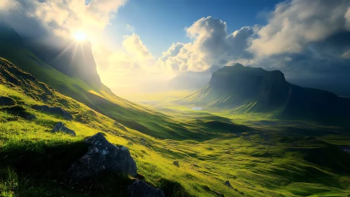 Sunlit glacial valley reveals sculpted terrain and misty depth