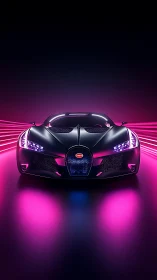 Futuristic hypercar glows under neon magenta tunnel lights.