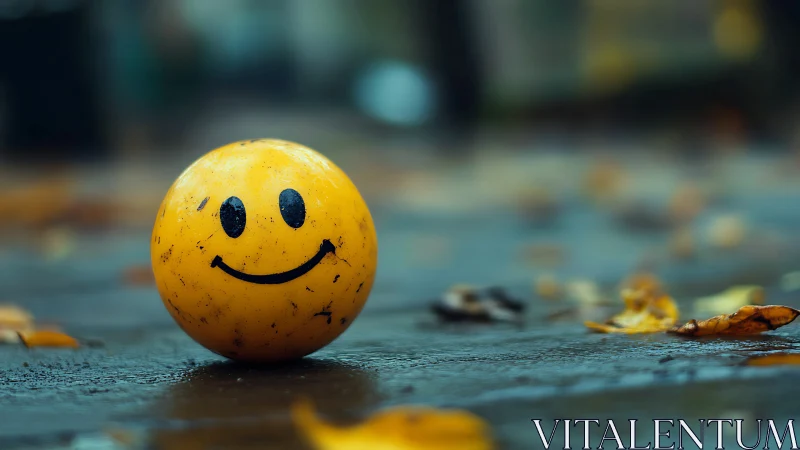 Yellow smiley ball on wet pavement with autumn leaves.