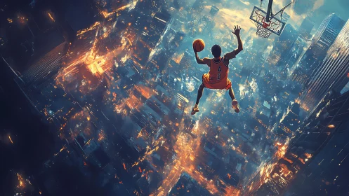 Basketball player suspended midair above luminous futuristic city