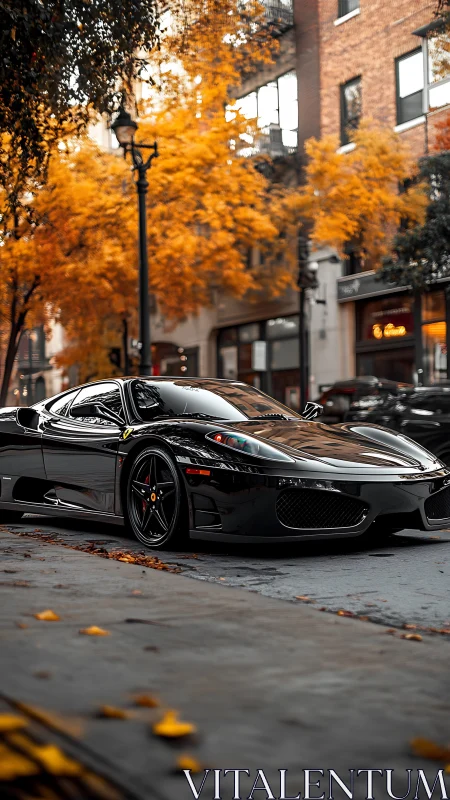 Black supercar gleams against vibrant autumn city backdrop
