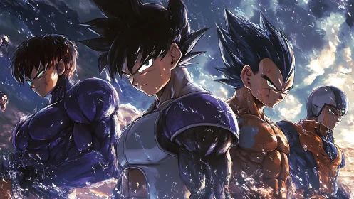 Fierce anime heroes stand united beneath a stormy sky.