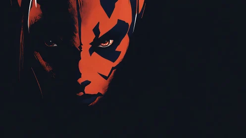 High-contrast red-black portrait under extreme negative space.