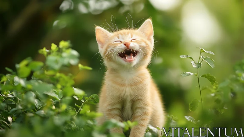 Ginger Kitten Laughing Joyfully Among Garden Flowers