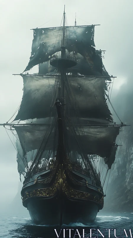 Ghost galleon carves a path through storm-torn coastal fog.