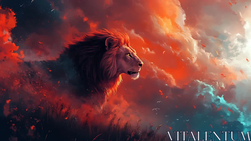 Spectral lion profile in bifurcated nebular skyscape.