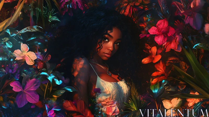 Woman with curly hair sits among dense neon tropical flowers