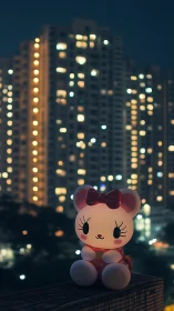 Glowing kawaii bear toy contrasts with defocused urban high-rises