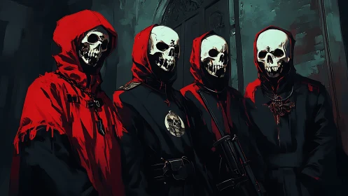 Hooded skeletal cultists in red black robes with rifles assembled