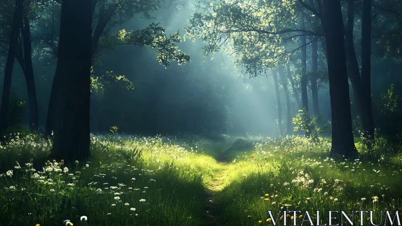 Sunlit Forest Path with Wildflowers in Dreamy Morning Light.