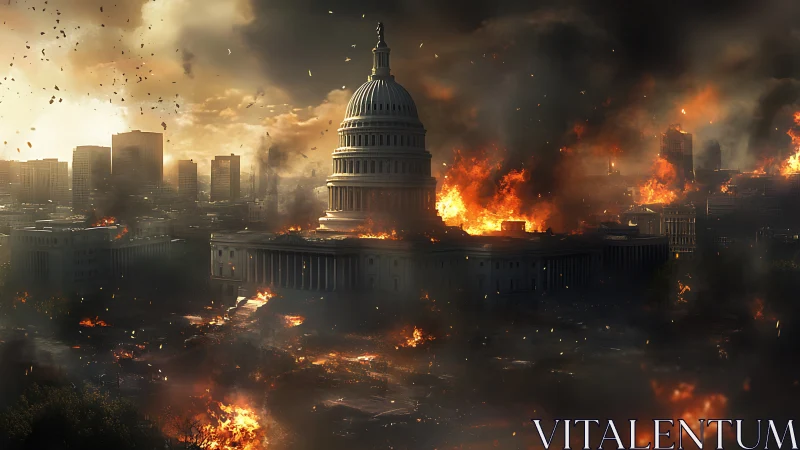 Capitol dome engulfed in apocalyptic citywide inferno.