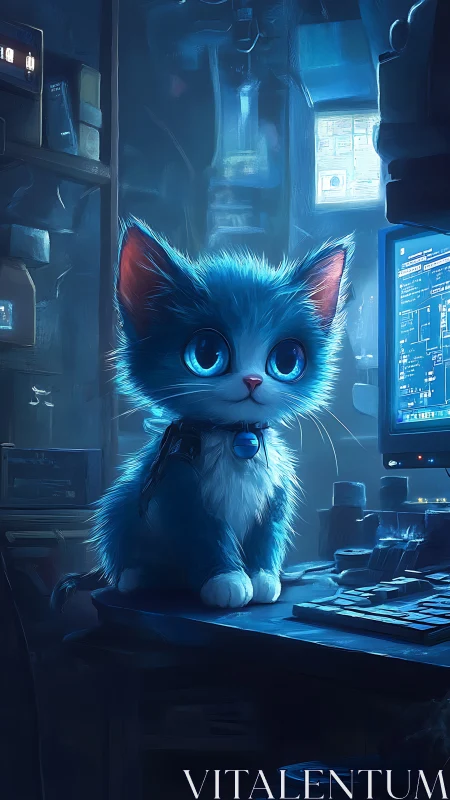 Blue cyberpunk kitten studies glowing code in a neon lab