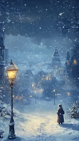 Digital painting of snowy lantern-lit city avenue at dusk.