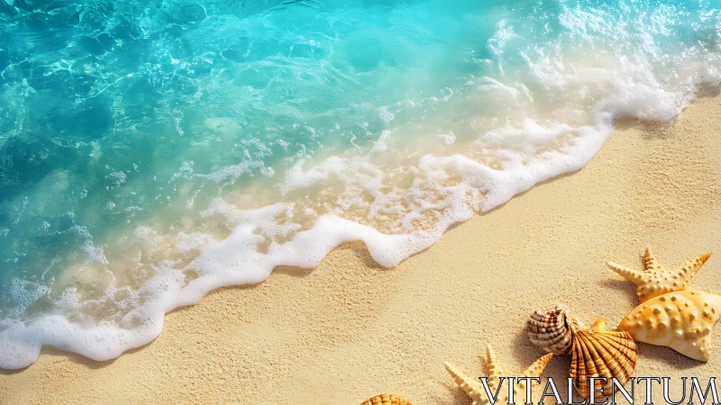Turquoise shoreline with seashells and starfish on sand.