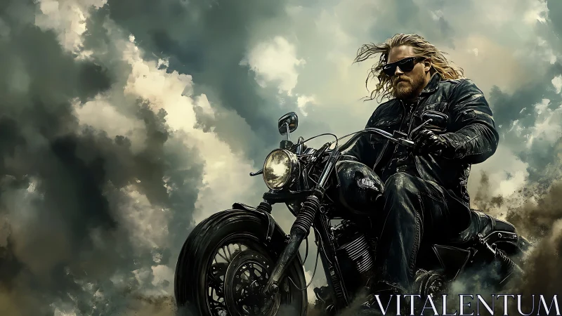 Storm-chasing biker king carving thunder through clouds.