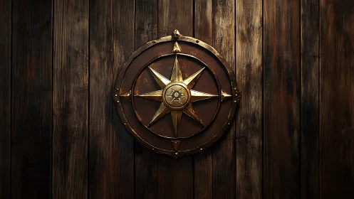 Weathered golden compass emblem hangs on rustic wood wall
