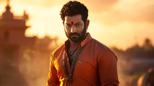 Bearded man stands outdoors against warm sunset background