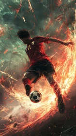 Dynamic soccer striker surrounded by explosive motion trails