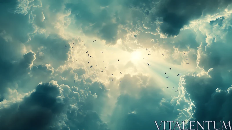 Radiant sun pierces stormy clouds as birds circle in serenity