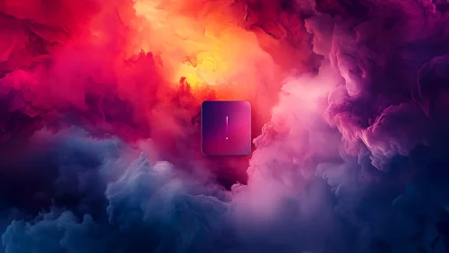 Vibrant exclamation icon suspended in glowing color clouds.