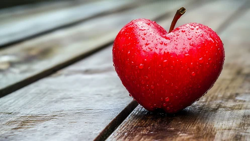 Red apple with water droplets on weathered wooden surface.