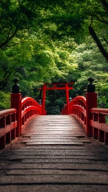 Crimson shrine bridge beckons beneath a luminous green canopy.