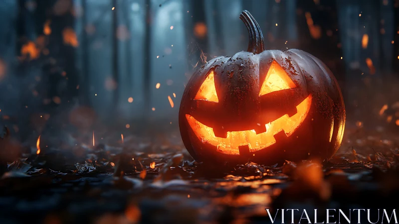 Jack-o’-lantern glow brightens a misty Halloween forest.