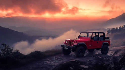 Red offroad jeep climbs misty mountain trail at sunset.